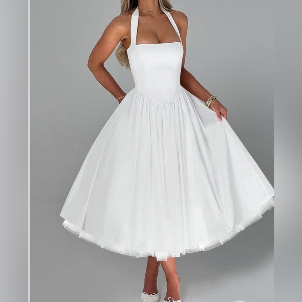 Babyboo White Halter Tulle Skirt Tea Length Dress